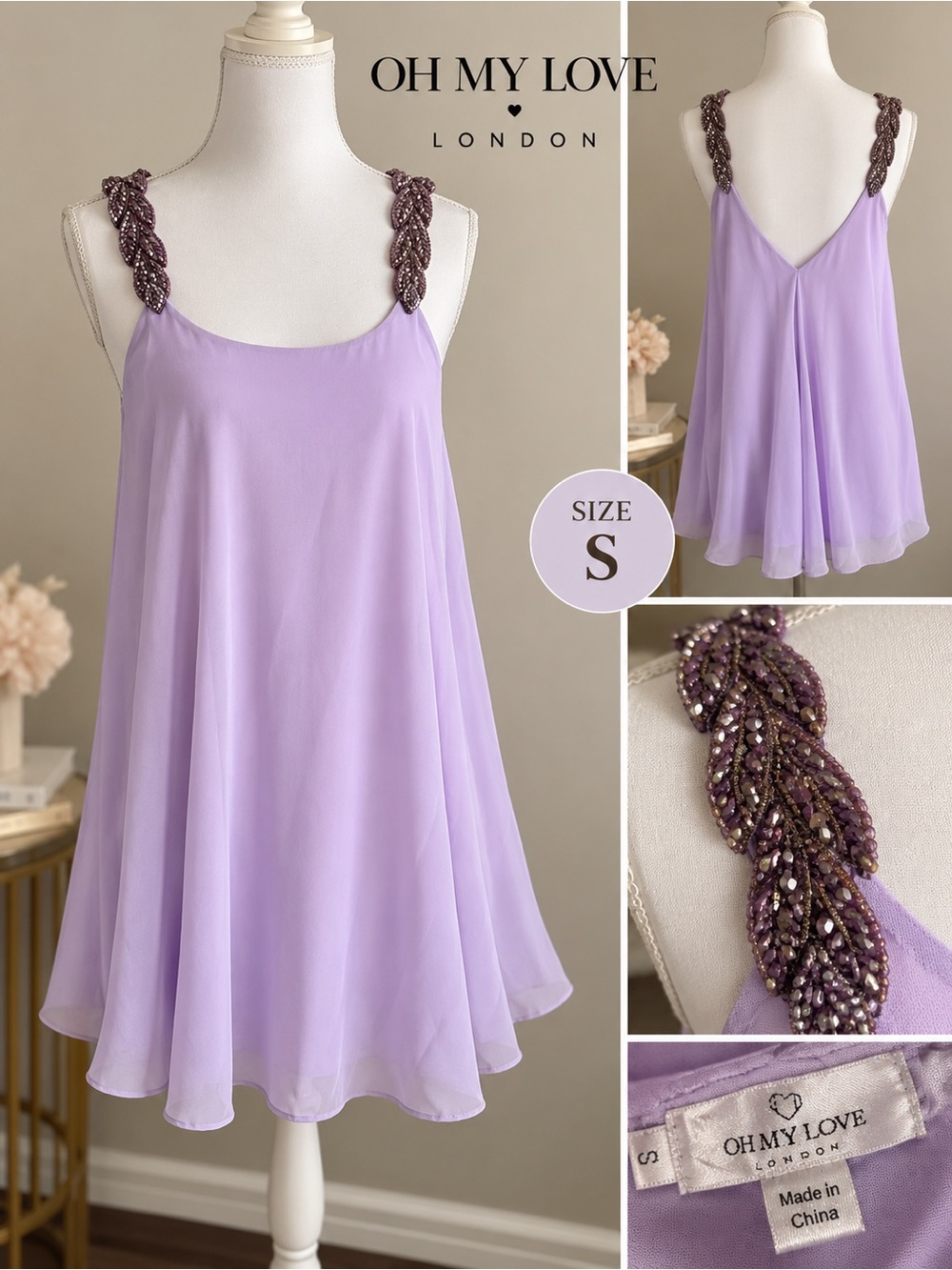Beautiful Oh My Love London lilac/lavender chiffon swing dress, size Small.